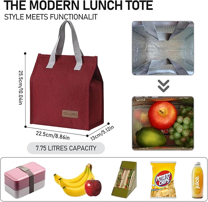 TELLUMO Lunch bag, Insulated Lunch Bag for Women Men Large Lunch Box Container Reusable Leakproof Tote for Office, Work, School, Beach or Travel (Red)