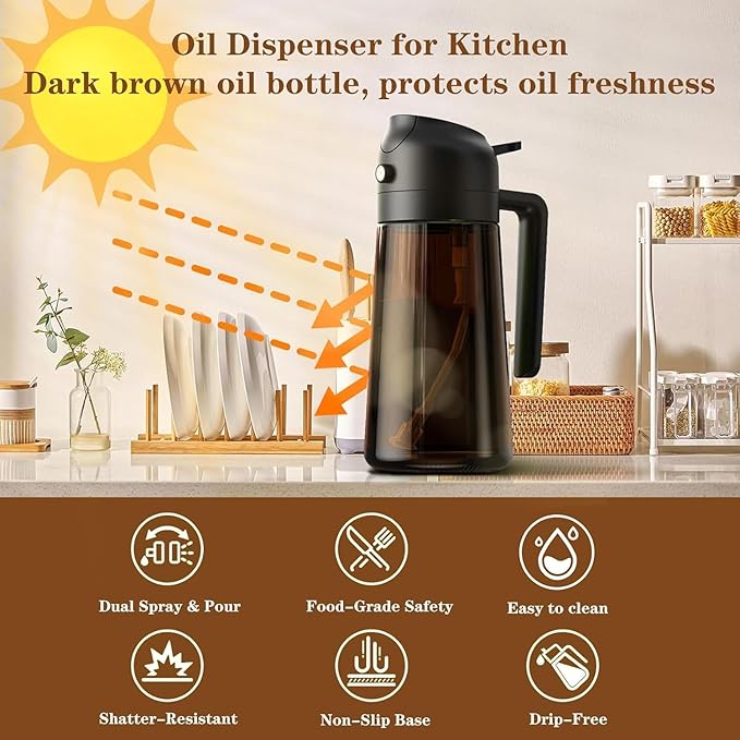 Kitchen Upgraded Made Oil Sprayer for Cooking, Dark Brown 2 in 1 Spray and Pour Mist Olive Oil Dispenser 16oz 470ml Glass Oil Spray Bottle, Air Fryer (White+Green)