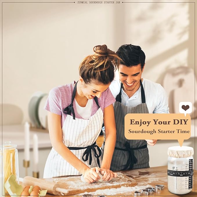 Sourdough Starter Jar, 34OZ Sourdough Starter Kit with Date Marked Feeding Band, Thermometer Cloth Cover, Metal Lid, Reusable Sourdough Bread Baking Supplies, Home Baking Gifts