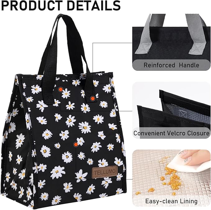 TELLUMO Lunch bag, Insulated Lunch Bag for Women Men Large Lunch Box Container Reusable Leakproof Tote for Office, Work, School, Beach or Travel (Black Daisy)