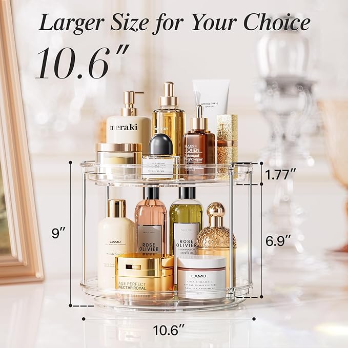 LAMU 2 Pack 2 Tier Lazy Susan Turntable Organizer 10.6'' Rotating Spice Rack Organization for Cabinet, Kitchen, Pantry, Countertop, Bathroom, Vanity, Medicine Cabinet Organizer, Clear