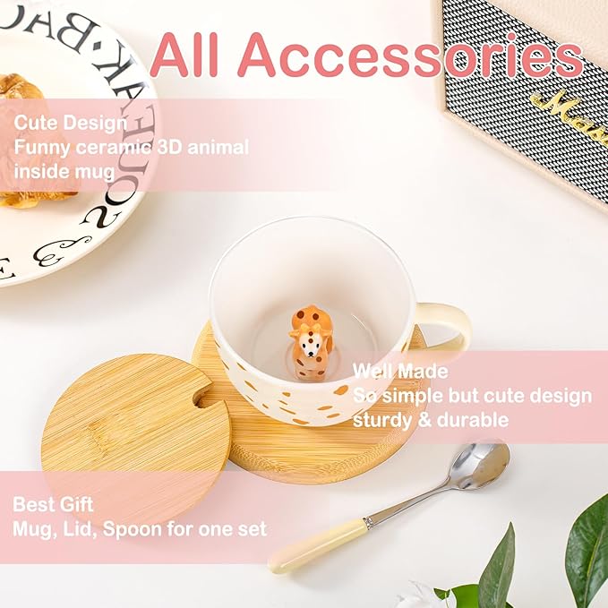 Giraffe Mug Cute Coffee Mug with 3D Animal Inside Ceramic Tea Cup with Lid Spoon Cool Animal Stuff Unique Friendship Birthday Gifts for Women Men Friend Coworkers Sister Kids Giraffe Christmas Gifts