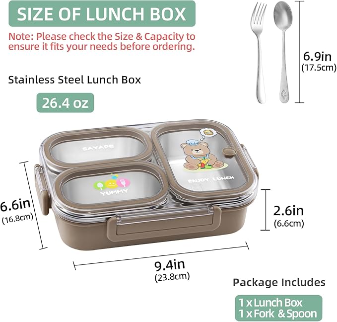 Stainless Steel Bento Lunch Box for Kids, 26.4 oz Leak-Proof 3-Compartment Metal Bento Box, BPA-Free, Cute Cartoon Meal Prep Snack Container with Utensils for School, Office, Travel - Brown