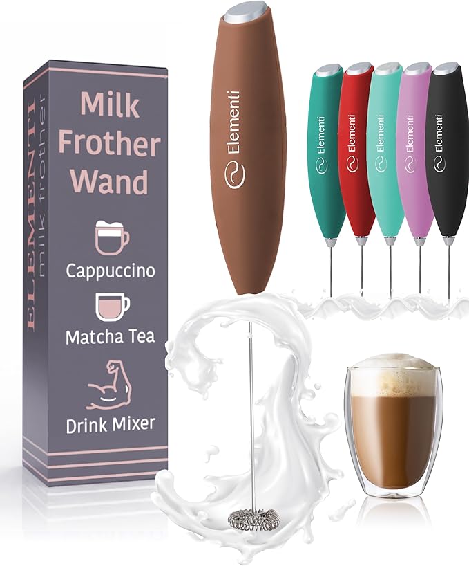 Elementi Milk Frother Handheld - Electric Stirrer and Powerful Protein Powder Mixer Wand, Easy-to-Use Mini Mixer Wand for Quick Delicious Cocktails, Coffee Frother Handheld and Coffee Stirrers (Mocha)