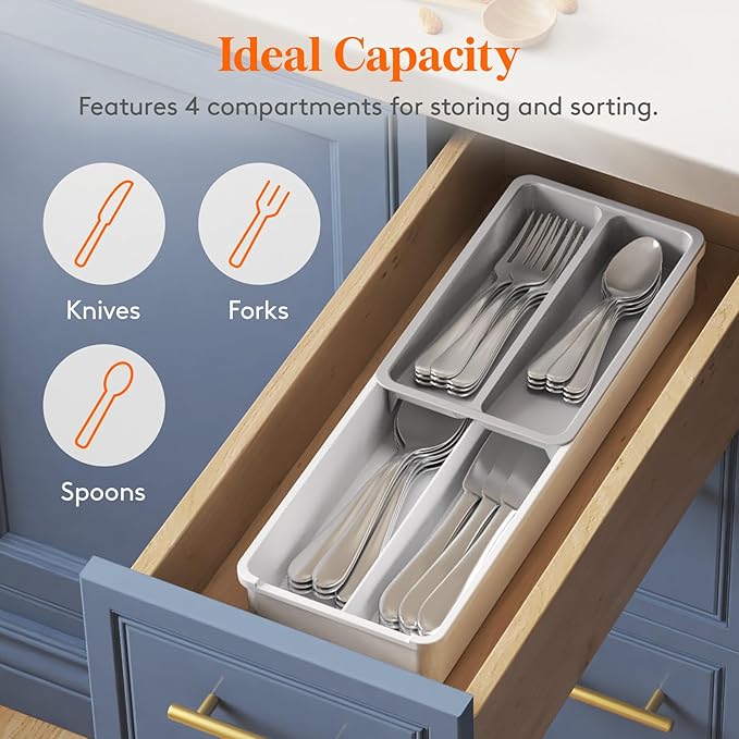 Lifewit Compact Silverware Organizer for Kitchen Drawer, Narrow Flatware Tray Holder, Plastic Cutlery Spoons, Forks and Knives Storage, White&Gray, 1 Pack
