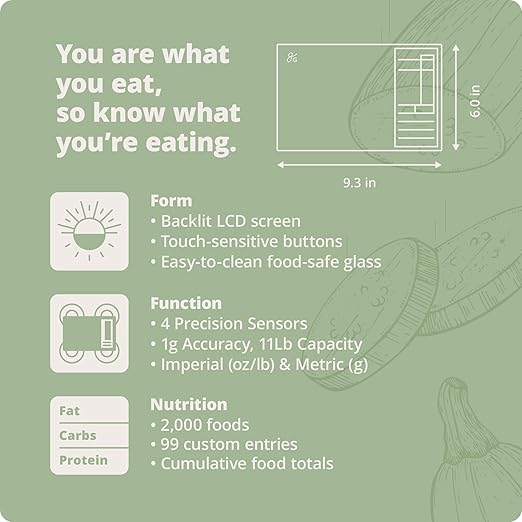 Greater Goods Nutrition Scale (Non‑Connected) – Food Grade Glass, 2,000 Food Codes Preloaded, Compact (9.33"x6.02"x0.91") for Portion Control & Meal Prep