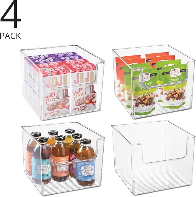 mDesign Set of 4 Storage Trays Open Top Kitchen Tray for Food Storage Made of Plastic Ideal in The Kitchen Cupboards or as Fridge Boxes 25.4 cm x 25.4 cm x 19.7 cm Clear