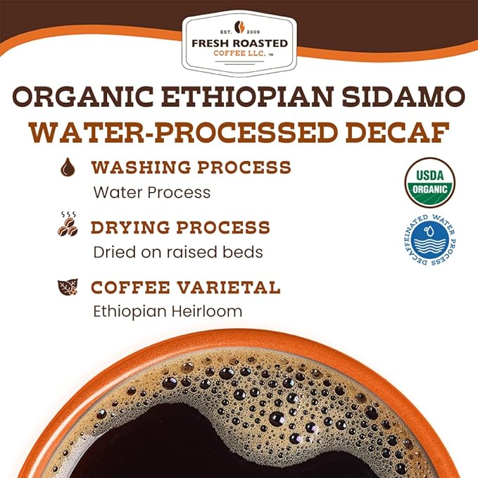 Fresh Roasted Coffee, Organic Ethiopian Sidamo Water-Processed Decaf | USDA Organic, 100% Single Origin, Kosher | Medium Roast 2 lb (32 oz) Whole Bean