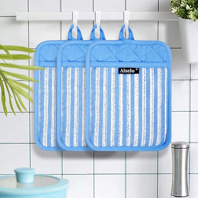 Silicone Pot Holders Set of 3 Heat Resistant & Non Slip Potholders, Professional Oven Hot Pads with Pockets Mitts for Kitchen Cooking Baking Barbecue (3, Blue)
