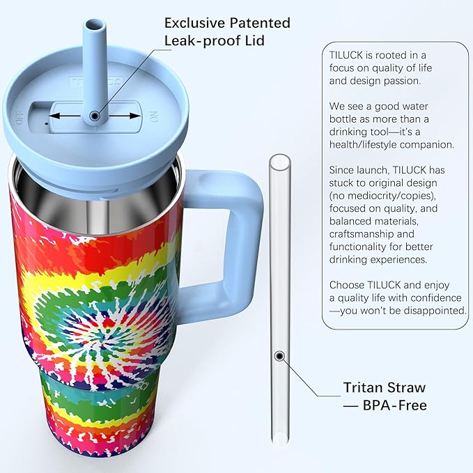TILUCK 40 oz Tumbler with Handle, Vacuum Insulated Stainless Steel Travel Mug with 100% Leak-Proof Silicone Straw Lid, Cupholder Friendly Water Bottle(RotatingRainbow, 40oz)