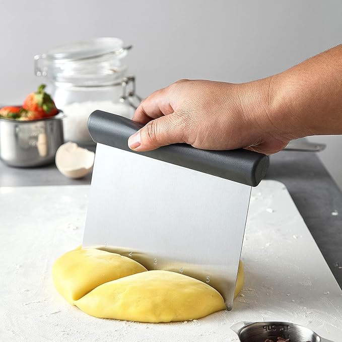 Spring Chef Gray Bench Scraper - Stainless Steel Dough Cutter Tool with Bowl Pastry Scraper for Pizza, Bread, Cake - Pastry Knife - Kitchen Dough Scraper for Baking - Food Scraper with Markings
