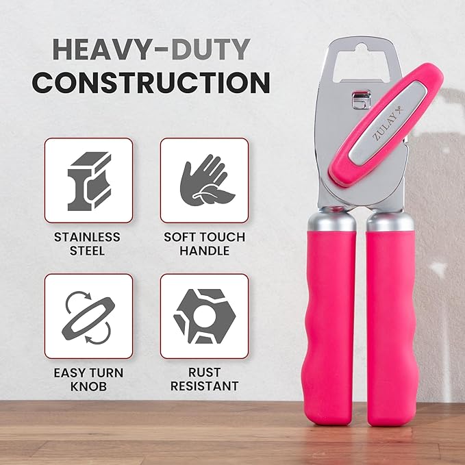 Zulay Kitchen Heavy Duty Stainless Steel Can Opener Manual with Bottle Opener - Rust Proof Manual Can Opener With Turn Knob & Comfy Soft Grip Handles - Dragonfruit