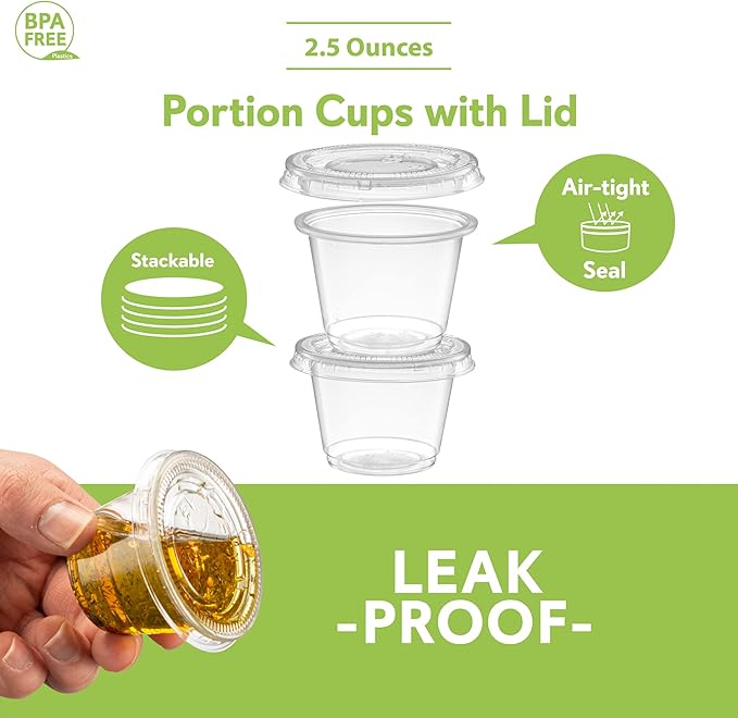 {2.5 oz - 100 Sets} Clear Diposable Plastic Portion Cups With Lids, Small Mini Containers For Portion Controll, Jello Shots, Meal Prep, Sauce Cups, Slime, Condiments, Medicine, Dressings, Crafts, Disposable Souffle Cups & Much more