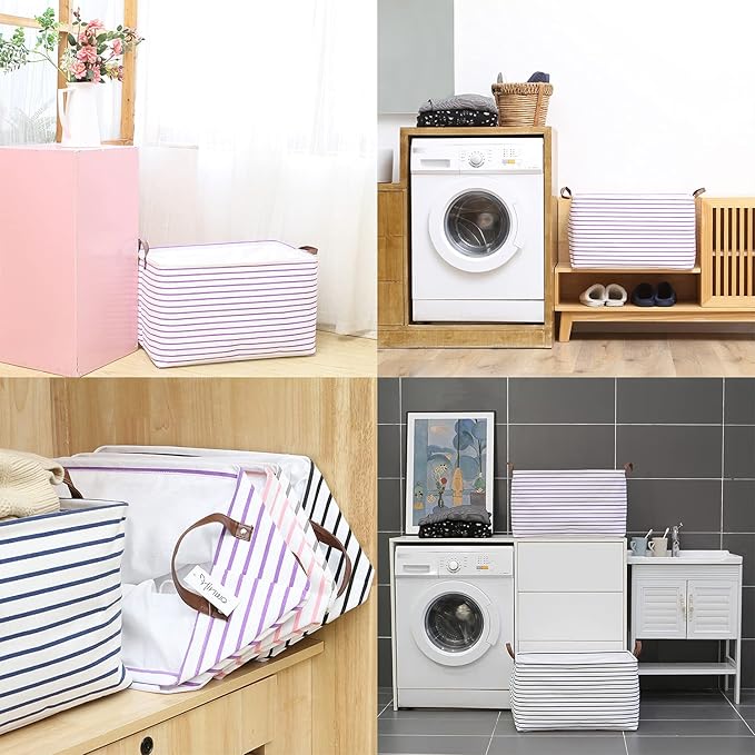 Hinwo 70L Extra Large Storage Bins, Closet Organizers and Storage, Foldable Clothes Storage Baskets with Handles, Containers for Clothing, Blanket, Comforters, Toys, Bedding (Purple Stripe)