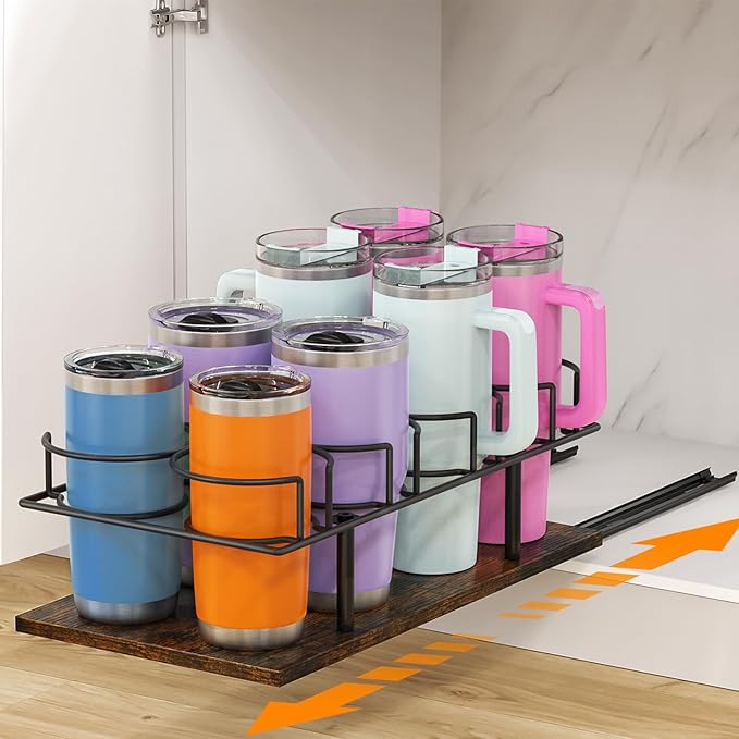 Housolution Pull Out Water Bottle Organizer for Cabinet, Slide Out Tumbler Storage Organizer for 10 to 40 oz Cups, Sliding Cup Holder Rack Compatible with Stanley, Owala and Other Brands (Patented)