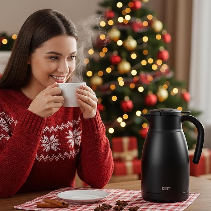 GiNT 51Oz Stainless Steel Thermal Coffee Carafe with Lid/Double Walled Vacuum Thermal Carafe / 12 Hour Heat Retention (Black, 1.5L)