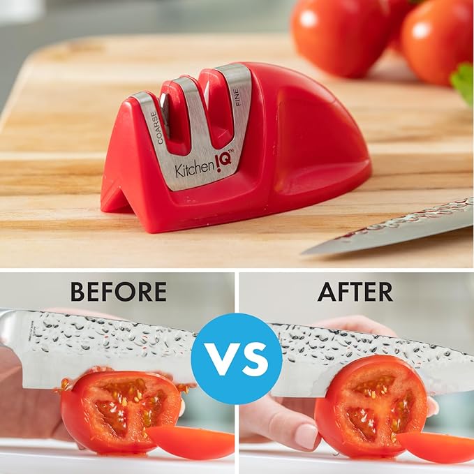 KitchenIQ 50883 - Edge Grip 2-Stage Knife Sharpener - Red - Coarse & Fine Sharpeners - Compact - Stable Non-Slip Base - Soft Grip Rubber Handle - Straight & Serrated Knives