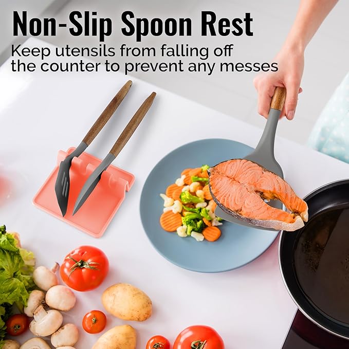 Zulay Kitchen Silicone Utensil Rest with Drip Pad for Multiple Utensils - BPA-Free, Heat-Resistant Spoon Rest & Spoon Holder for Stove Top - Kitchen Utensil Holder for Ladles & Tongs - Peach Bud