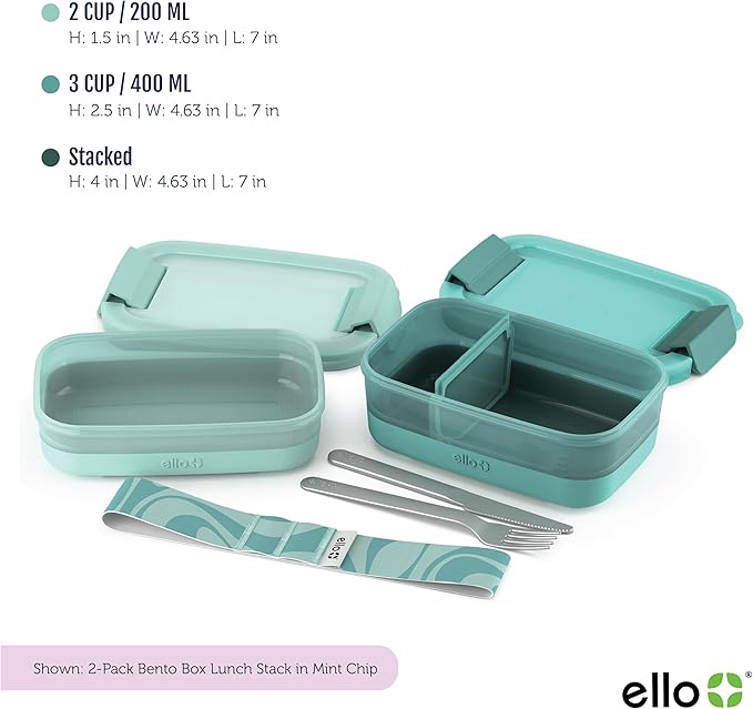 Ello 2-Pack Lunch Stack Plastic Food Storage Container Bento Box with Airtight, Leak-Proof Locking Plastic Lids and Silicone Base, BPA-Free, Freezer, Microwave, and Dishwasher Safe