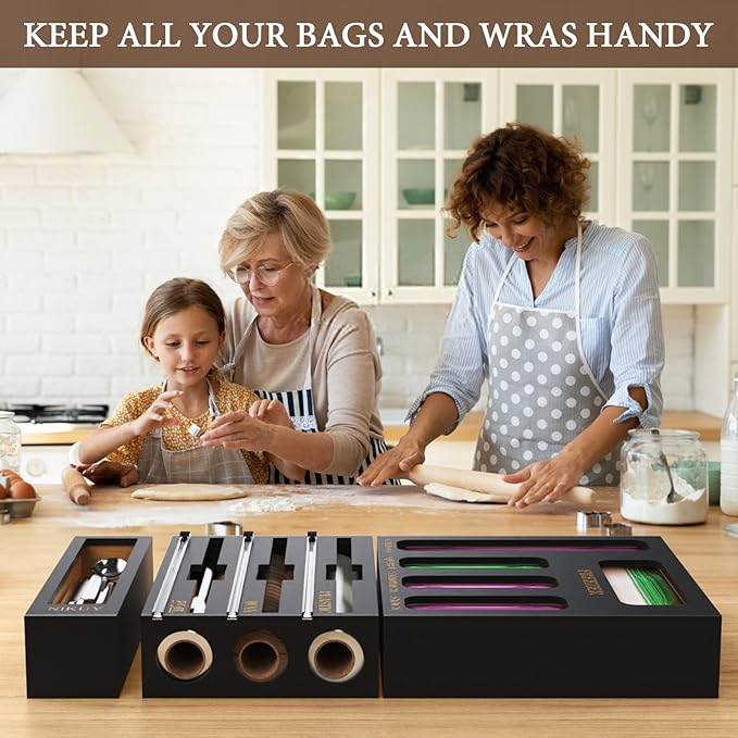 9 IN 1 Bamboo Foil and Plastic Wrap Organizer for Kitchen Drawer, Plastic Bag Organizer Organization and Storage, Food Storage Bag Organizer (BLACK)