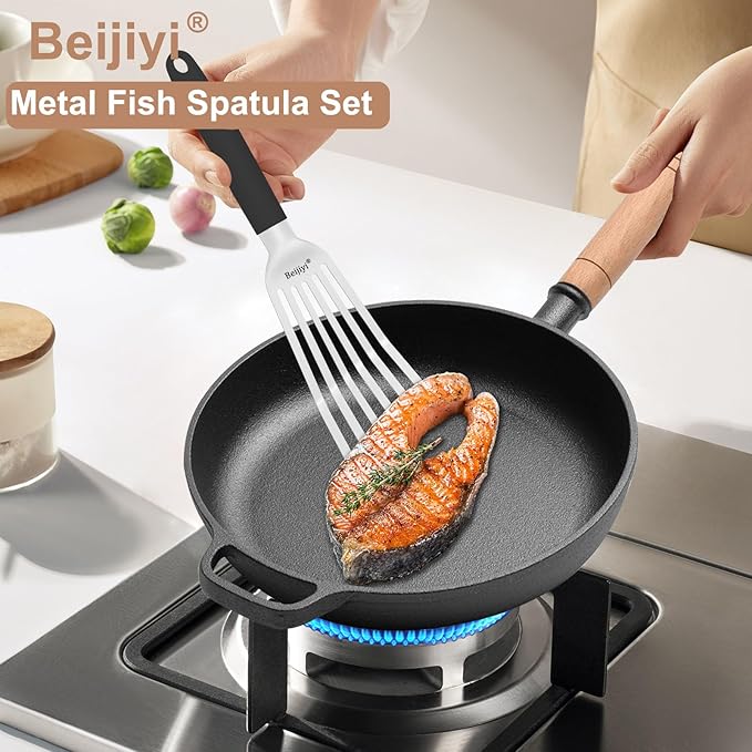 Beijiyi Stainless Steel Fish Spatula Set of 2, 13.5" & 11.7" Slotted Turner with Silicone Handle, Thin Edge, Metal Spatulas for Kitchen Use, Cooking Utensils for Flipping Fish, Burger and Grilling