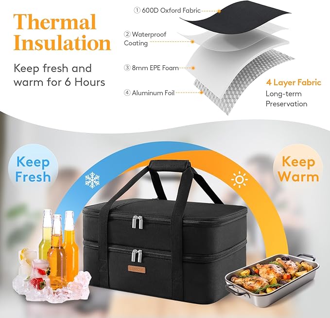 LUNCIA Double Decker Insulated Casserole Carrier for Hot or Cold Food, Lasagna Holder Tote for Potluck Parties/Picnic/Cookouts, Fits 9"x13" Baking Dish, Black