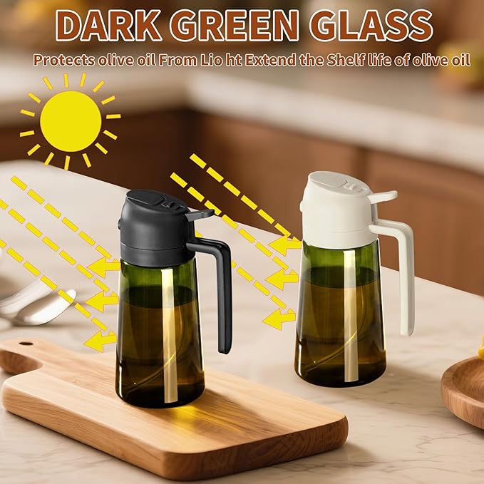 Olive Oil Dispenser and Oil Sprayer – 16oz/470ml Glass Light-Proof Oil Pourer for Kitchen, Air Fryer, Cooking, Salad, and BBQ