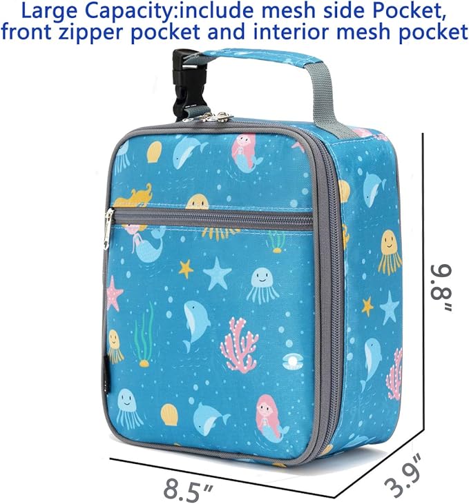FlowFly Kids Lunch box Insulated Soft Bag Mini Cooler Back to School Thermal Meal Tote Kit for Girls, Boys, Mermaid
