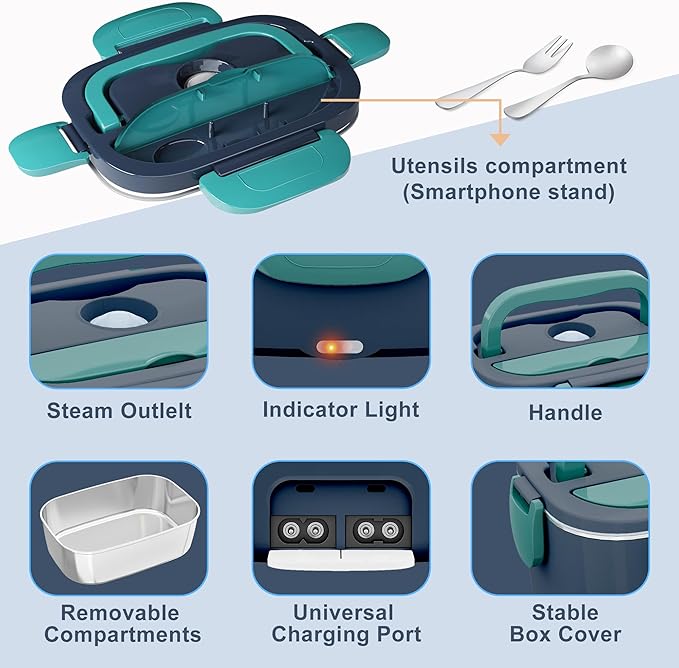 Nifogo Electric Lunch Box Food Heater 80W Heated Lunch Boxes for Men 1.5l Electric Lunch Box for Adults Portable 12/24/110V Heating Lunchbox for Work/Car/Truck with Insulated Bag(1.5L-Blue)
