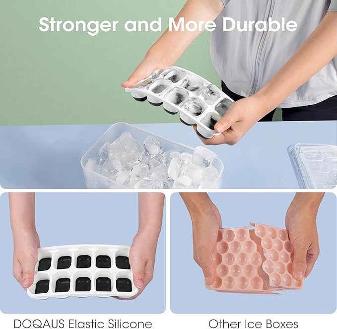 DOQAUS Ice Cube Tray with Lid and Bin, 4 Pack Silicone Plastic Ice Cubes Trays for Freezer with Box/Container, Stackable with Storage Iced Bucket Kits, Scoop, for RV, Soup, Food, Cocktail, Coffee