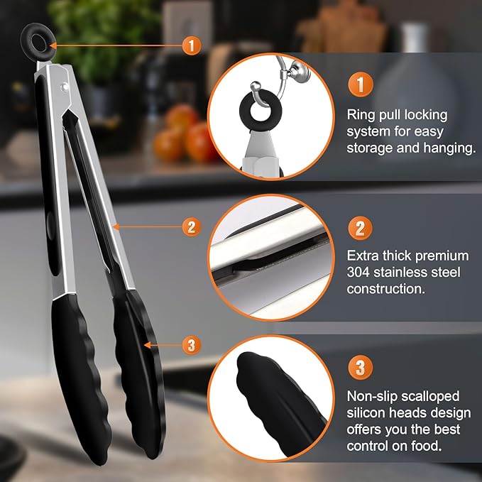 Premium Stainless Steel Heat Resistant Kitchen Tongs for cooking,set of 7"+9"+12" (Black),Non Scratch Silicone cooking Tong Tip for Cooking Pans,Strong Grip BBQ tongs for Grabbing Hot Food