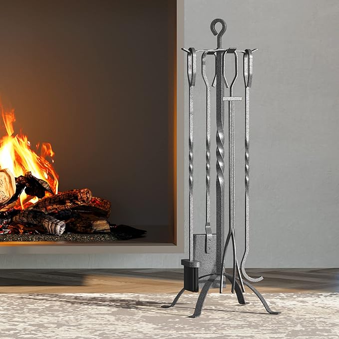 Fire Beauty 5 Pieces Fireplace Tools Sets Fireplace Accessories Tools Holder with Handles Tools for Indoor Fireplace Decor Outdoor Fire Pit Modern Tool(Pewter)