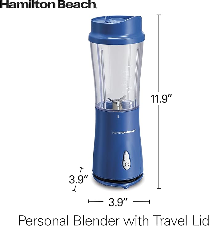 Hamilton Beach Portable Blender for Shakes and Smoothies, 14 Oz BPA Free Travel Cup & Lid, Durable Stainless Steel Blades, Personal Smoothie Blender, Blue, 51132G