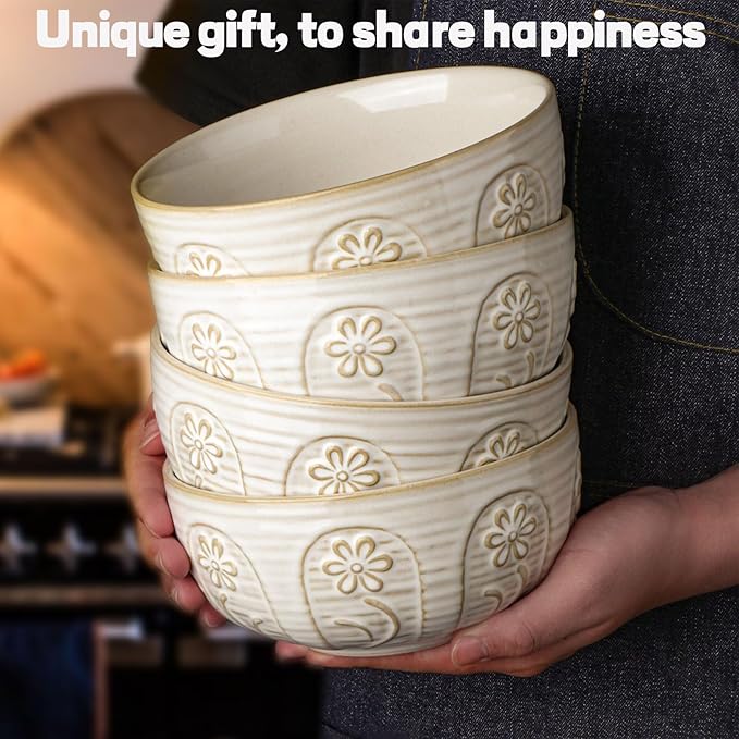 Artena Soup Bowls 32 OZ, Cereal Bowls Set of 4, White Embossment Ceramic Ramen Bowl for Salad, Dinner, Pho, Noodle, Pasta, Snacks, Dishwasher Microwave Safe, 6.3 Inch, Pinwheel Flower