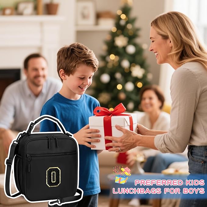 Initial Insulated Lunch Bag for Boys Kids, Back to School Gift, Reusable Leak-proof Lunch Box with Adjustable Strap for School Daycare Travel Picnic（Black，O）