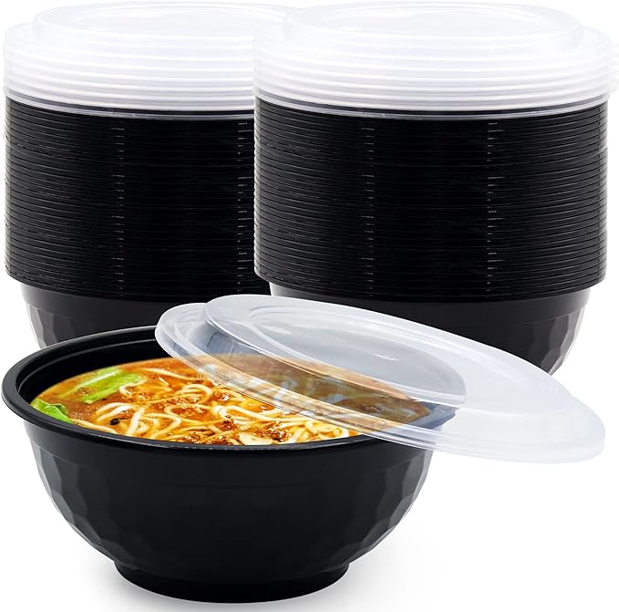 POPMISOLER 150 Pcs Stackable Meal Prep Bowl Containers,36 OZ Food Takeout Bowls Reusable,Black Disposable With Lids,Microwavable Dishwasher Safe Leak Resistant for Noodle Soup,Salads&Ramen Bow (36oz)