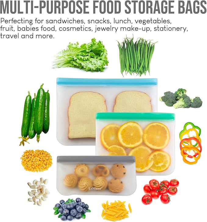 12 Pack Reusable Food Storage Bags - BPA-Free, Leakproof Food Bags - Includes 4 Gallon, 4 Sandwich, and 4 Snack Bags - Ideal Solution for Safe and Convenient Freezer Storage.