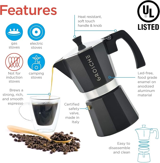 GROSCHE Milano Stovetop Espresso Maker Moka Pot 9 espresso Cup, 15.2 oz, Black. Cuban Coffee Maker Stove top coffee maker Moka Italian espresso greca coffee maker brewer percolator