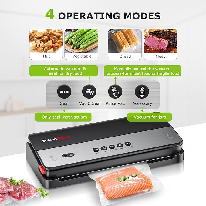 Bonsenkitchen Vacuum Sealer Machine, Multi-Functional Food Sealer with 1 Roll Bag, Bag Storage | Built-in Cutter, Black-Silver
