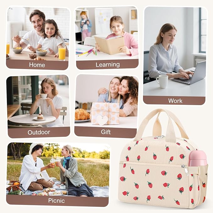 Lunch Bag Lunch Box for Women Adults Men, Cute Strawberry Corduroy Insulated Reusable Work Leakproof Simple Large Lunch Boxes Tote Bag Cooler Bag