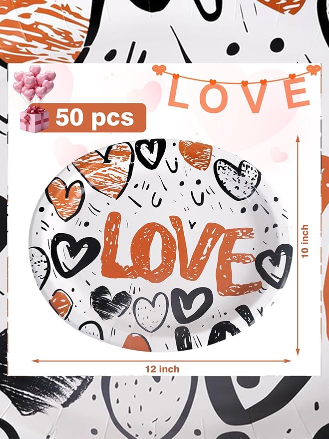 WDF 50PCS Heart Paper Plates -10"x12" Heart Plates Disposable -Love Design Valentines Plates for Weddings/Anniversary Birthday Party Thanksgiving