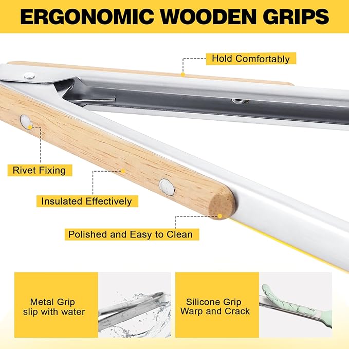 2 Pcs Tongs For Cooking - 9 Inch and 12 Inch, Stainless Steel Kitchen Tongs, Heat Resistant 1100°F, Pull Ring Lock, Solid Wood Handles, For Grilling, Barbecuing, Cooking