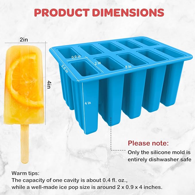 Miaowoof Homemade Popsicle Molds, 10-Cav Non-BPA Silicone Ice Pop Maker, with 50 Sticks, 50 Bags, 10 Reusable Sticks, Funnel, Brush and Ice Pop Recipe (Blue)
