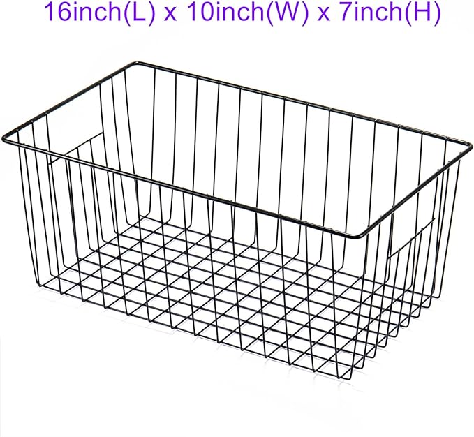 16inch Freezer Wire Storage Organizer Baskets, Household Refrigerator Bins with Built-in Handles for Cabinet, Pantry