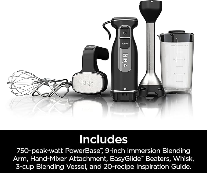 Ninja Hand Mixer, Immersion Blender, Foodi Power Mixer System, 750-Peak-Watt Handheld Emulsion Blender & Electric Hand Mixer Combo With Whisk, Beaters & 3-Cup Blending Vessel,120 volts, Black CI101