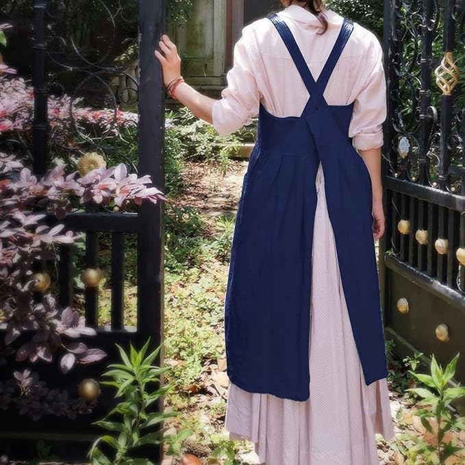 Uaussi Cotton Linen Apron Cross Back Work Apron for Women with Pockets Pinafore Dress X Cross Halter Apron for Chef Gardening