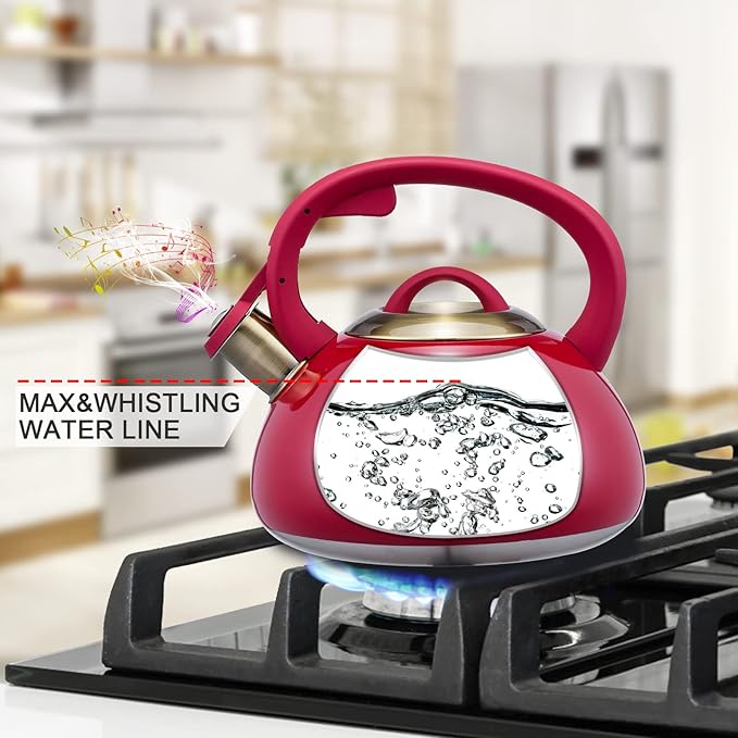 Whistling Tea Kettle Stainless Steel Teapot, Teakettle for Stovetop Induction Stove Top, Fast Boiling Heat Water Tea Pot 2.5 Quart(Red)