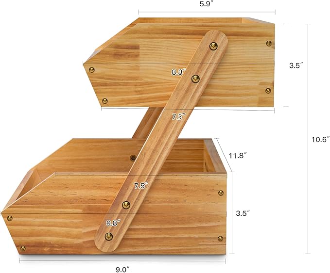 2 Tier Wooden Fruit Basket For Kitchen, Bread Vegetable Fruit Basket Bowl Stand, Farmhouse Fruit Bowl for Countertop, Large