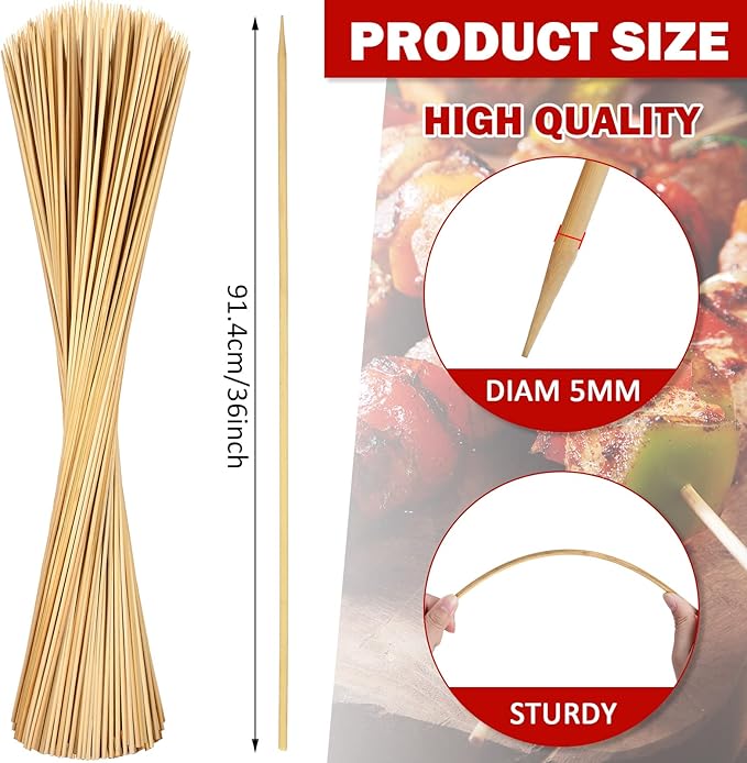 Patelai 180 Pcs 36 Inch Bamboo Marshmallow Roasting Sticks Thick Bamboo Skewers Disposable Barbecue Skewers Hot Dog Forks for Outdoor Fire Pits Campfire, Kebab Sausage(36 Inch)