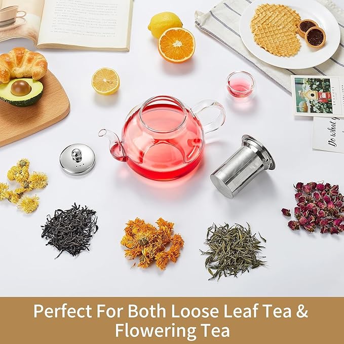 60OZ (1800ML) Glass Teapot with Infuser Stovetop Safe, Clear Glass Tea Pot Kettle, Borosilicate Tea Pot with Infusers Filter for Loose Tea, Tea Kettle Dishwasher Safe